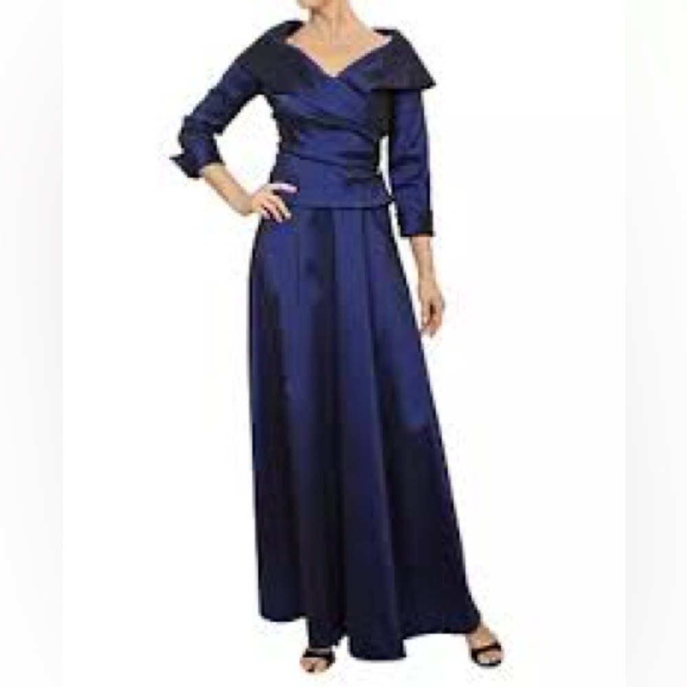 David's Bridal Portrait Collar Deep Blue with a Shimmer of Black in the fabric